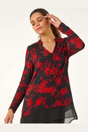 Roman Red Floral Chiffon Hem Blouse AU 10