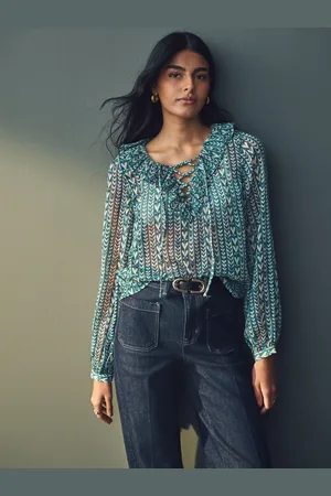 Next Teal Blue Print Sheer Ruffle Trim Tie Neck Blouse AU 8 Petite