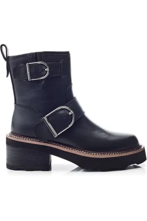 Moda In Pelle Barbel Buckle Detail Chunky Leather Biker Black Boots AU 7 (EU 38)