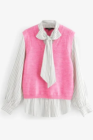 Next Pink Tie Bow Collared Knitted Layer Tank Shirt with Wool L Reg