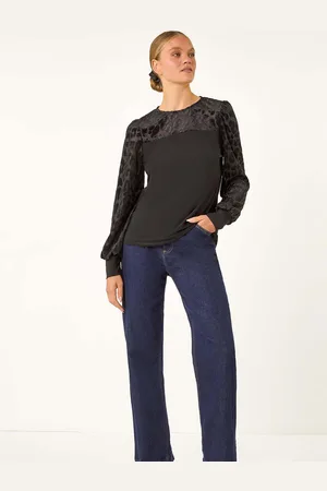 Roman Black Animal Print Velvet Puff Sleeves Jersey Top AU 12
