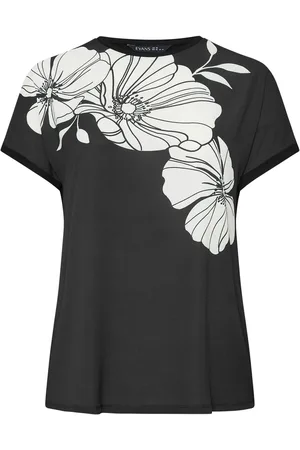 Evans Curve Contrast Floral Print Black T-Shirt AU 30-32