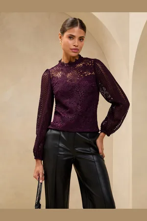 Lipsy London Plum Lace High Neck Blouson Blouse AU 16