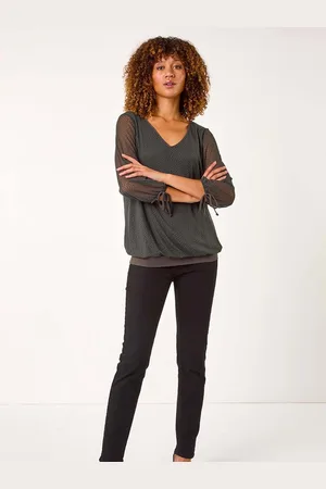 Roman Green Burnout Print V-Neck Overlay Mesh Top AU 12