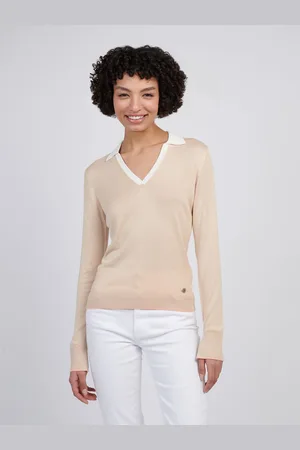 U.S. Polo Assn. U. S. Polo Assn Natural Womens Open Neck Long Sleeve Knit Polo Jumper XL