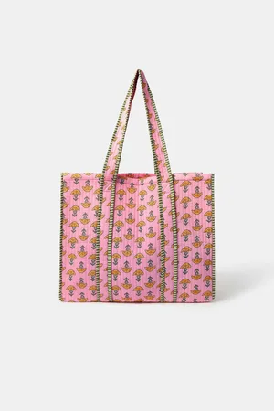 Accessorize Pink Floral Print Block Quilted Tote Bag One