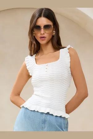 Lipsy London Ivory Wave Stitch Frill Ruffle Shell Button Square Neck Knit Vest Top 8