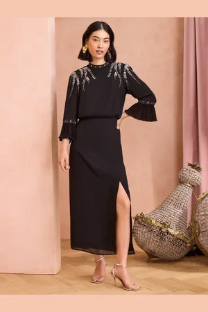 Love & Roses Embellished Flute Sleeve Midi Dress AU 18