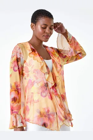 Roman Orange Blurred Floral Stretch Mesh Top 16