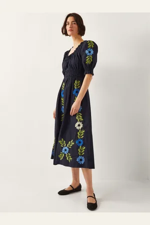 Monsoon Shona Embroidered Puff-Sleeve 100% Cotton Midi Dress small