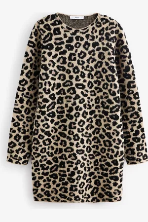 Next Leopard Animal Print Long Sleeve Short Knitted Shift Jumper Dress M Reg