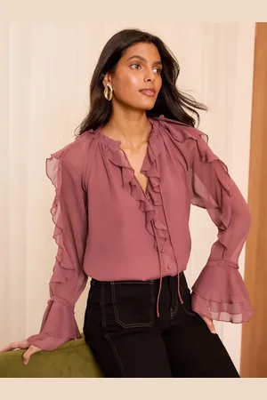 Love & Roses Pink Ruffle Detail V Neck Blouse AU 14