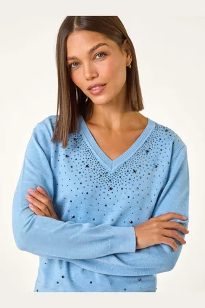 Roman Blue V-Neck Sparkle Hotfix Knit Jumper 12
