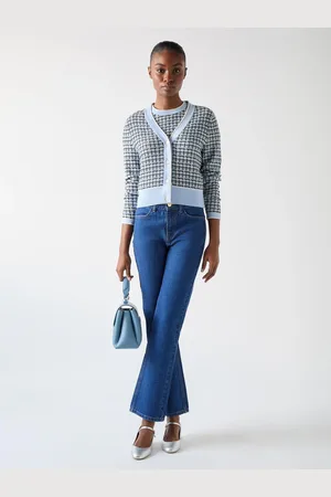 LK Bennett Blue Honey Cotton Contrast Pattern Cropped V-Neck Cardigan M