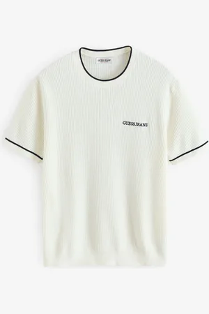 Guess Cream Embroidered Logo Short Sleeve Knit 100% Cotton T-Shirt M
