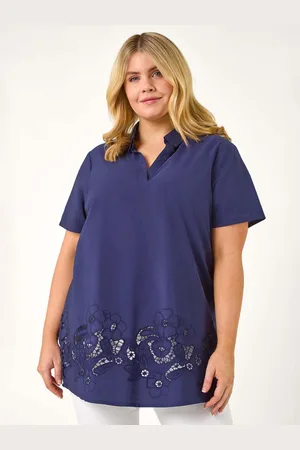 Roman Blue Curve Floral Cut Out Woven Top AU 20