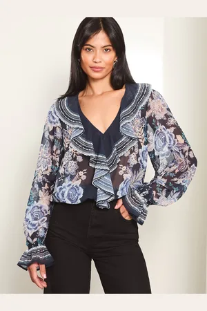 Lipsy London Navy Blue Ruffle Front Ruffle Cuff Printed Blouse AU 10