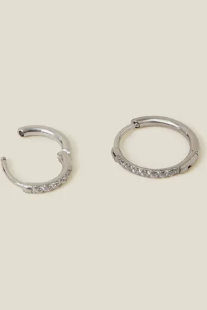 Accessorize Silver Platinum Plated Surgical Steel Pavé Clicker Hoops 2 Pack One