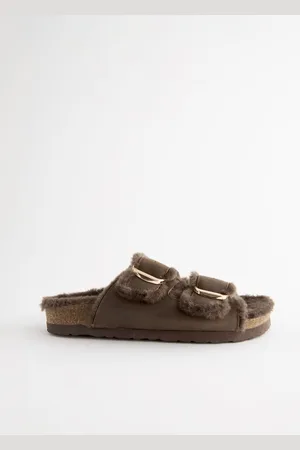 Next Chocolate Brown Forever Comfort Faux Fur Double Strap Leather Footbed Sandals AU 8 (EU 39)