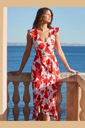 Sosandar Floral Print Ruffle Hem Midi Dress AU 12