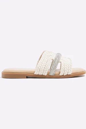 River Island Cream Girls Raffia Diamante Sandals AU 1 (EU 33)