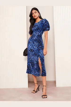 Friends Like These Petite Leopard Print Ruched Puff Sleeve Front Split Midi Dress AU 16