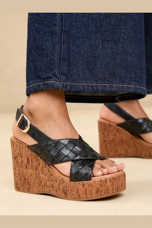 Lipsy London Black High Weave Cross Strap Faux Leather Cork Wedges AU 5 (EU 36)