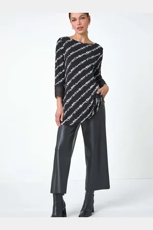 Roman Black Spot Stripe Lace Trim Stretch Tunic Top AU 10