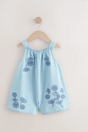 Next Denim 100% Cotton Flower Embroidered Playsuit (3mths-7yrs) 2