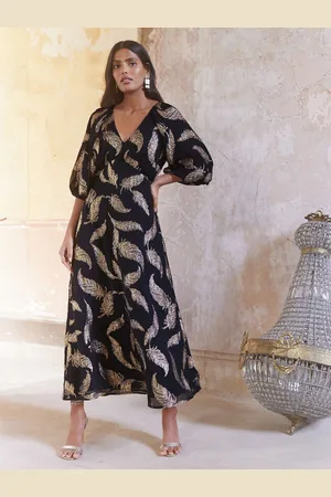 Love & Roses Feather Metallic Puff Sleeve Midi Dress AU 10