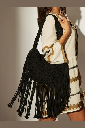 South Beach Black Fringe Detail 100% Cotton Shoulder Bag One