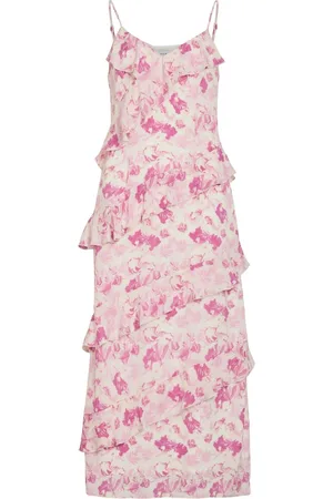 VILA Satin Jacquard Floral Print Frill Midi Dress 14