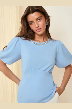 Friends Like These Blue Puff Sleeve Embellished Neck Trim Blouse AU 8