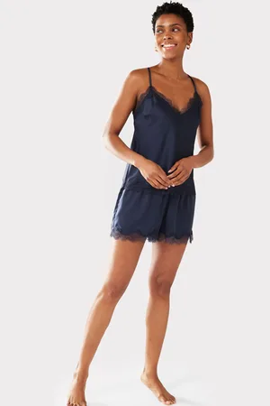 Chelsea Peers Navy Blue Satin Lace Trim Cami Short Pyjama Set AU 10
