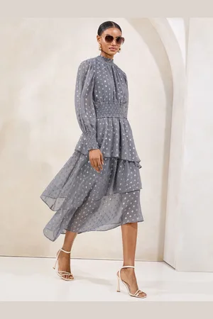 Lipsy London Metallic Viscose Long Sleeve Ruffle Midi Dress AU 18