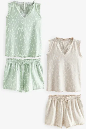 Next Green/Oatmeal Spot Frill Vest Short Set Pyjamas 2 pack XXL Regular
