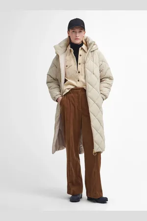 Barbour Cream Kirkton Longline 100% Cotton Diamond Quilt Puffer Coat AU 16