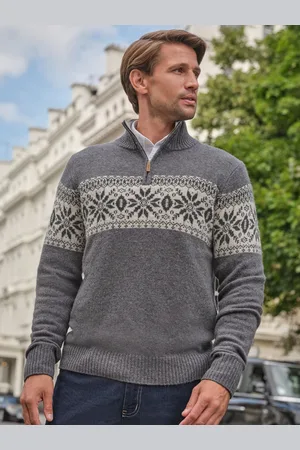 Pure Collection Grey Merino Quarter Zip Fairisle Pattern Jumper M