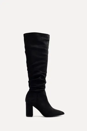 Linzi Black Nina Faux Suede Block Heel Knee High Ruched Boots With Pointed Toe AU 9 (EU 41)