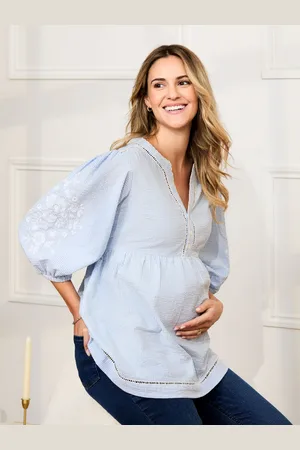 JoJo Maman Bébé Blue Maternity Stripe Embroidered 100% Cotton Blouse M