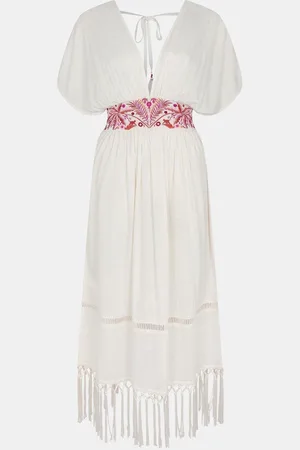 Accessorize Natural Palm Embroidered Fringe Kaftan Dress S