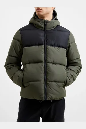 French Connection Black/Khaki Green Mid Length Row Panel Hooded Jacket M
