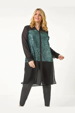 Roman Green Curve Sequin V-Neck Chiffon Blouse AU 18