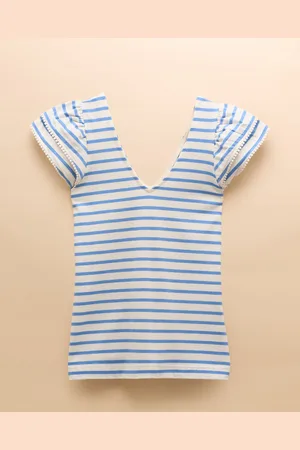 Joules Emma Blue Striped V-Neck Frill Jersey Vest AU 18
