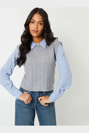 Threadbare Grey 2-in-1 Cable Knit Vest And Pinstripe Shirt AU 10