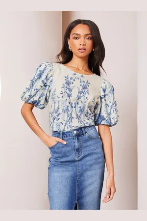Lipsy London White Puff Sleeve Printed Blouse AU 14