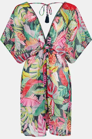 Accessorize Black Tropical Print Chiffon Kaftan medium