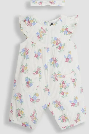 JoJo Maman Bébé White Floral Pretty Ruffle Shoulder Sunsuit with Headband 9298cm