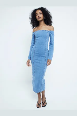 River Island Denim Bardot Midi Dress AU 10