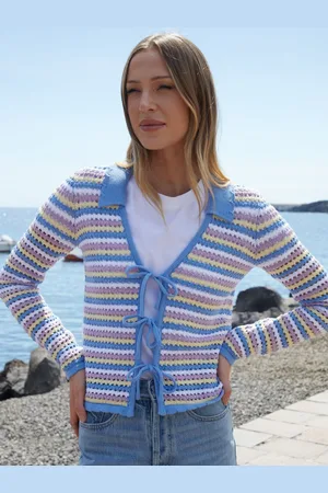 Threadbare Blue Stripe Collared Tie Front Crochet Knit Cardigan AU 12